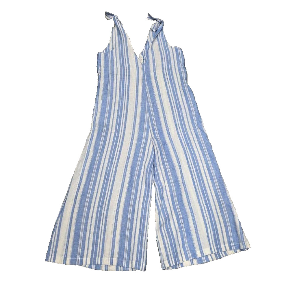 Vitamin A Marina Linen Light Blue White Y2K Striped Wide Leg Jumpsuit M A004532 - Picture 10 of 10